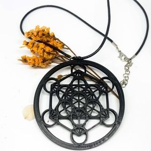Handmade New 3D Printed Black Metatron Cube Sterling Silver Leather Necklace